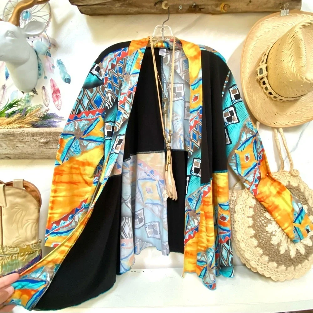 Funky patchwork vibe open front boho cardigan w resort vacay feel - Picture 6 of 10